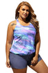 Sexy Bluish Print Blouson Tankini with Grey Swim Bottom